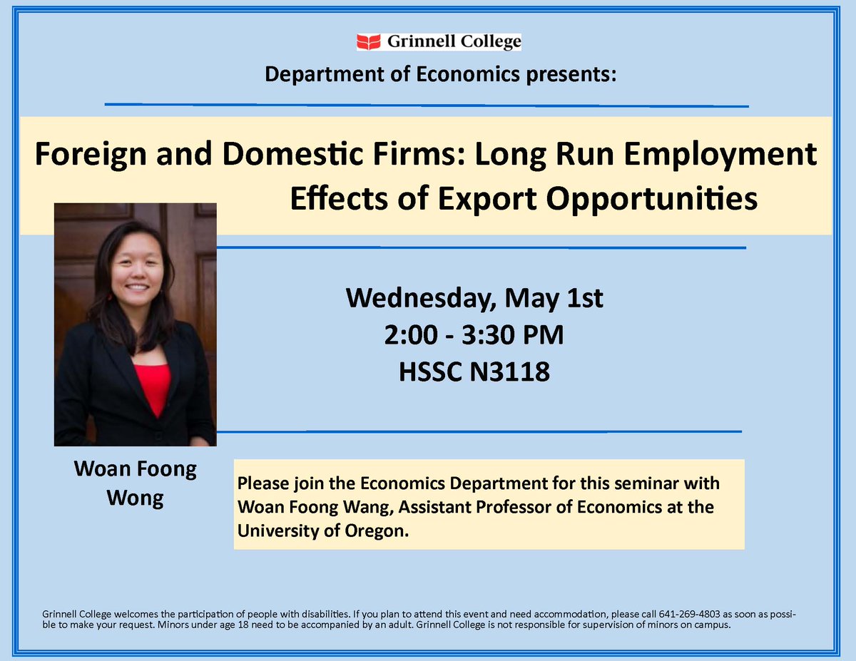 GrinnellEconomics (@grinnelleconom1) on Twitter photo Excited to host Professor Woan Foong Wong <a href="/WoanFoongWong/">Woan Foong Wong</a> from the University of Oregon this Wednesday, May 1st! Join us for an insightful session. Excited to host Professor Woan Foong Wong <a href="/WoanFoongWong/">Woan Foong Wong</a> from the University of Oregon this Wednesday, May 1st! Join us for an insightful session.
