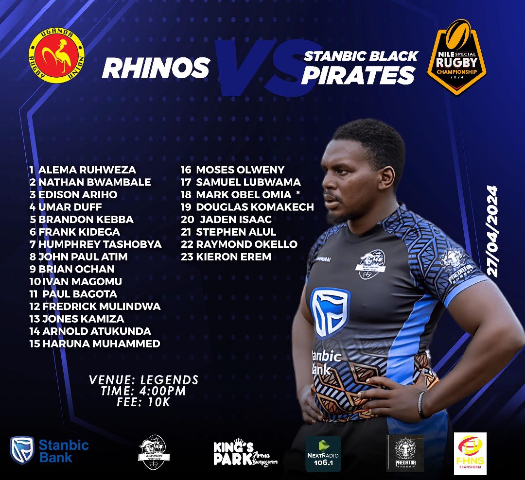 The crew for the first sail of the knock outs;

▪️ Nathan returns 
▪️ Obel with a senior call up 
▪️Haruna at full back 

#NSRC2024 
#NileSpecialRugby 
#StanbicPirates 
#PiratesStrong