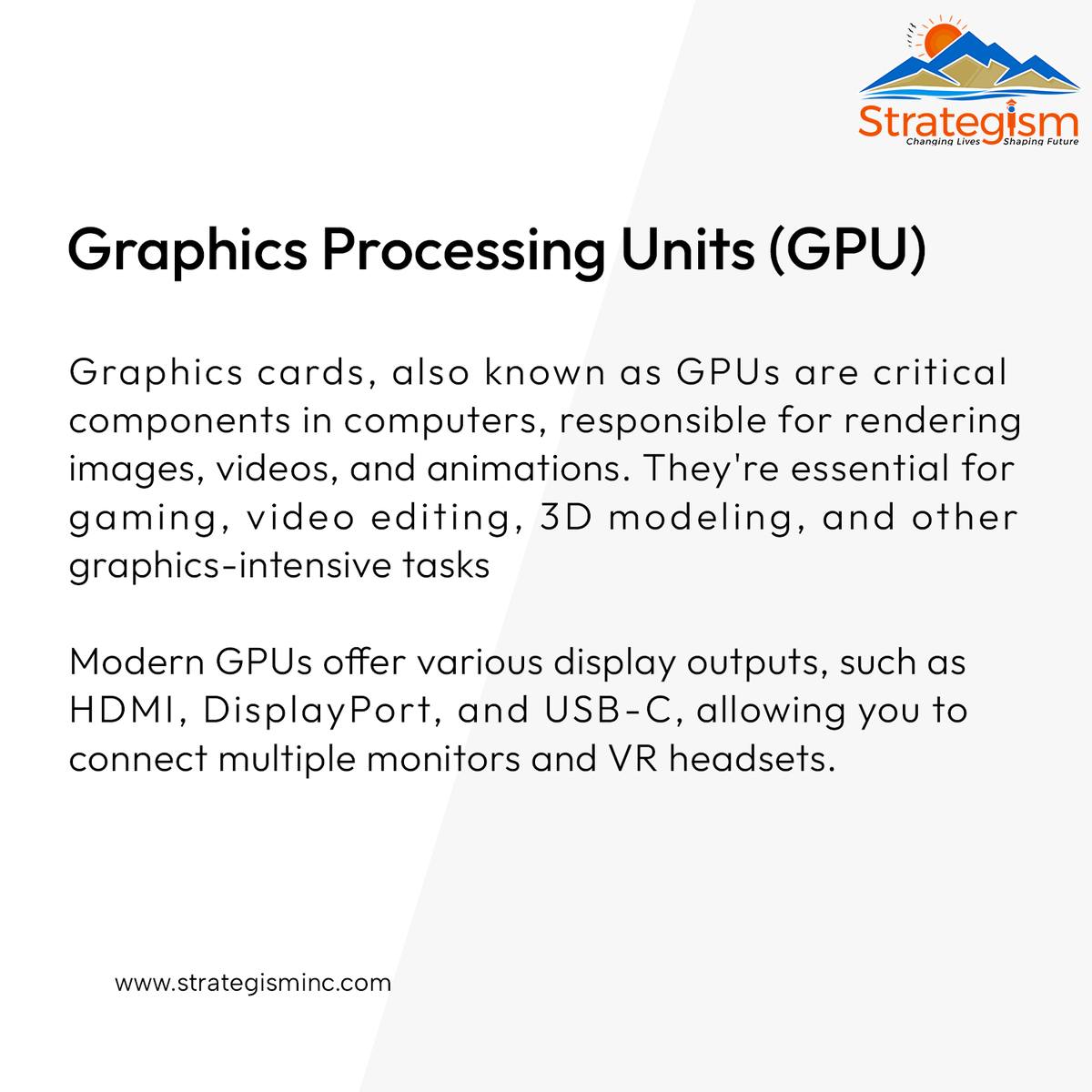 strategisminc's tweet image. Professionals in fields like video editing, 3D rendering, and CAD often use GPUs optimized for workstation tasks. 
:
#GPU #GraphicsProcessingUnit #VideoEditing #GraphicCard #Technology #Tech #Strategism #Learning #FridayLearning #USA