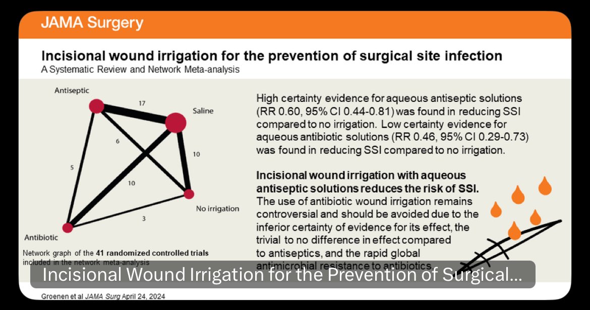 🚨Irrigación profiláctica de herida Incisional intraoperaroria para disminuir riesgo de infección 
👨🏻‍⚕️Con que realizarla?
Antibiótico 
Solución salina
Antiséptico 
Respuesta en esta revisión sistemática y meta análisis 📈 

 #SoMe4PedSurg