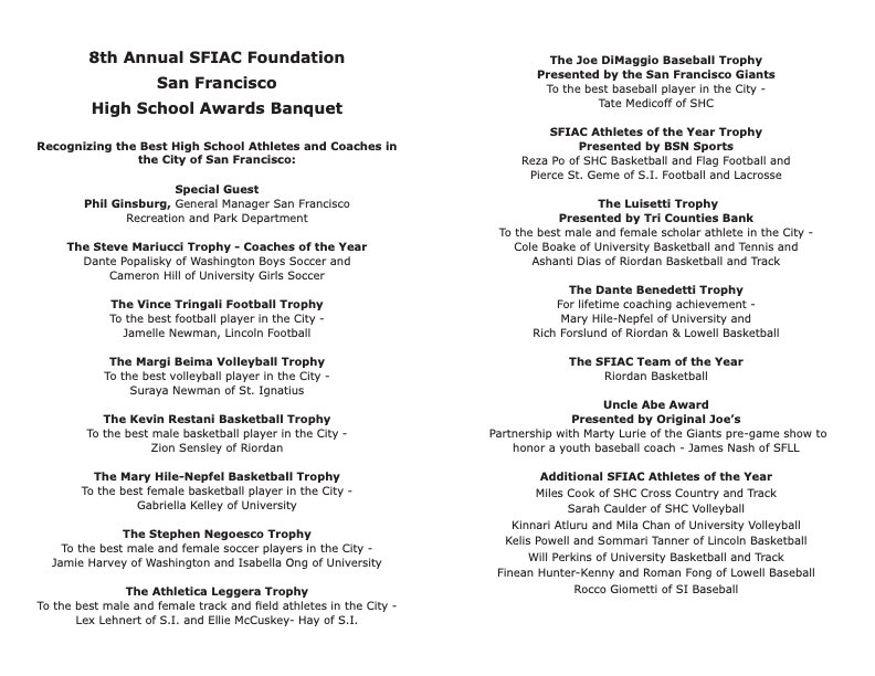 Congrats to our honorees at the 8th Annual SFIAC HS Awards Banquet on 5/13 (HS Heisman). This is a fundraiser for HS Sports in the City. Please support! @SFItalianAC @SIscores @RiordanSports @SHCathletics @SFUHSorg