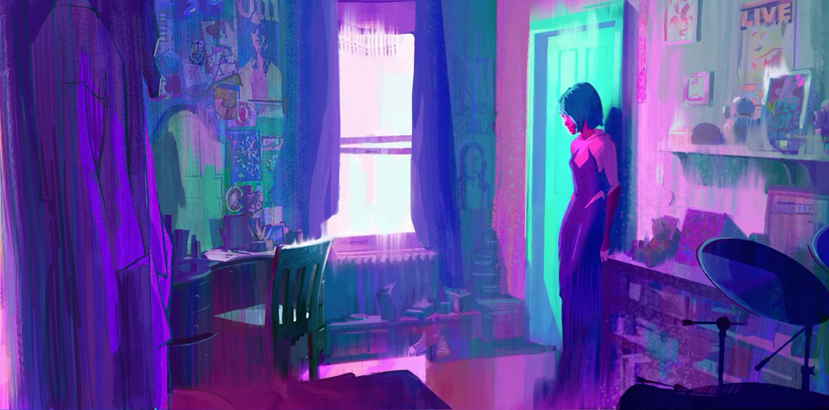 Have some concept art of Earth-65 (Gwen's World) from Spider-Man: Across the Spider-Verse by Dean Gordon. I absolutely love the colors of this world and I can see how they used the look of Cinderella as inspiration for the pinks, purples, and greens.