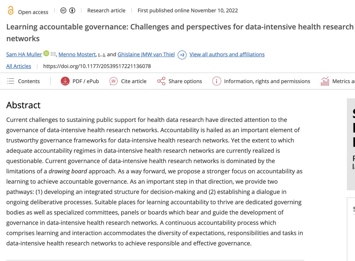 Sam Muller and colleagues write 'the extent to which adequate accountability regimes in data-intensive health research networks are currently realized is questionable'. Revisit the challenges of data-intensive research on this link: buff.ly/3kxluHC #accountability #HIPAA
