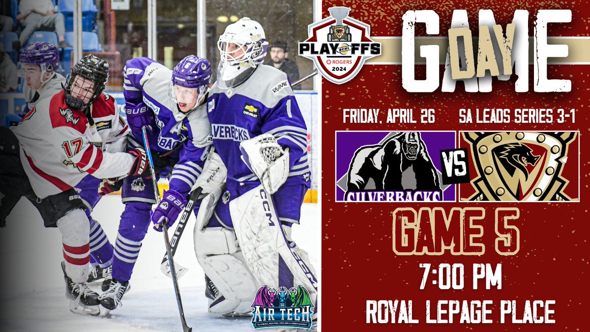 Fighting to keep our season alive in Game 5️⃣ on home ice tonight 🆚 @SASilverbacks 🤜 SA Leads Series 3-1 ⏰ 7:00 PM 🏟️ Royal LePage Place 🎟 bit.ly/TIXSAGM5 📸 @tamiquanphotos #BCHLPlayoffs