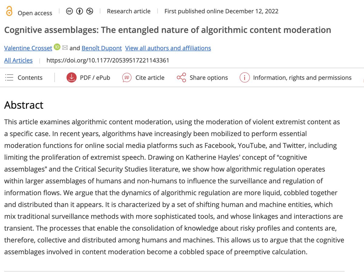 How are algorithms entangled with other entities to regulate terrorist content inside social media? Today, we invite you to revisit Valentine Crosset (@ValentineCrst) and Benoît Dupont work about algorithmic content moderation. More: buff.ly/3JrpQKx #regulation