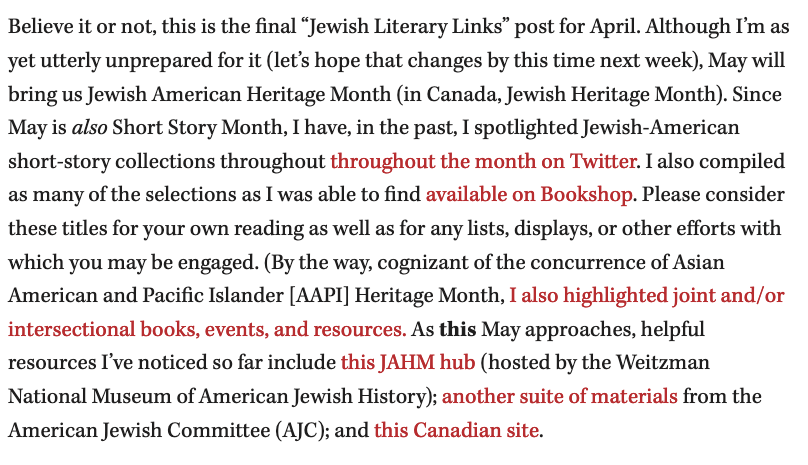 @Bookshop_Org @JewishBook @YardenneG @JBoltonFasman @HadassahMag @YiddishBookCtr @ellencassedy @weitzmanmuseum @AJCGlobal @JewishLibraries As noted yesterday, #JAHM (#JewishHeritageMonth in Canada) begins *next week*. 

I'm hoping to be able to say more about how I'm planning to observe it, literarily, soon.

In the meantime: some background/other ideas. #Books #Libraries #WritingCommunity