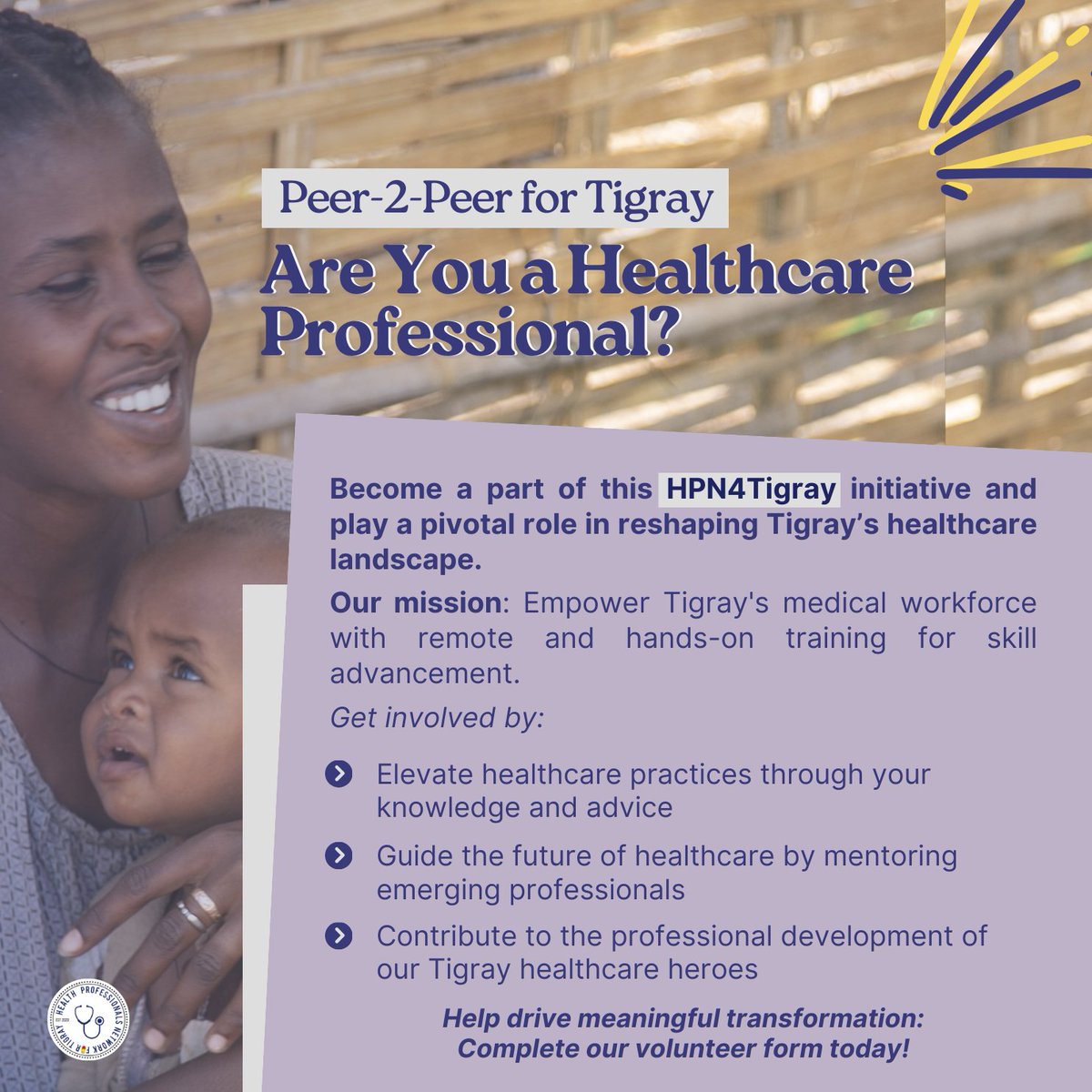🩺Healthcare professionals, we need you! Step up for Tigray with our Peer-2-Peer initiative, where your experience can fortify the local healthcare fabric. Join us, whether on the ground or remotely. Fill out this form👇🏿to begin—questions answered within! docs.google.com/forms/d/1-dzYk…
