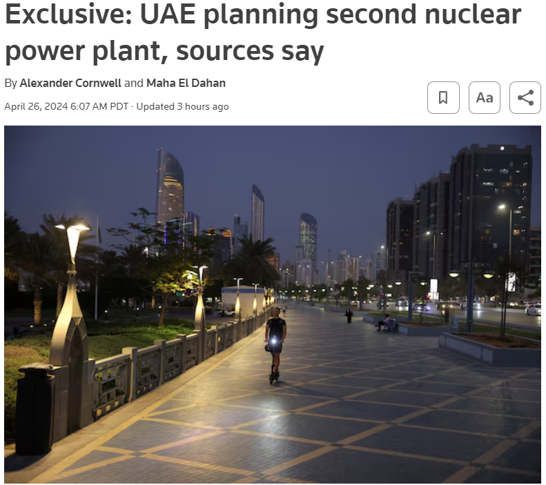 The UAE plans to build another 4-unit nuclear plant, that would be operational by 2032! Article link in reply. UAE's first nuclear project, which consisted of four Korean-built 1400 MW reactors, was a success (reasonable cost, etc..). Following with construction of a 2nd plant