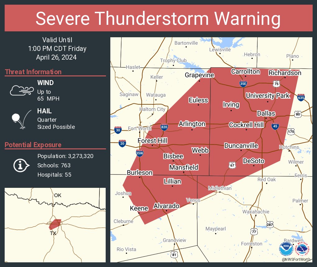 Severe Thunderstorm Warning including Dallas TX, Arlington TX and Irving TX until 1:00 PM CDT