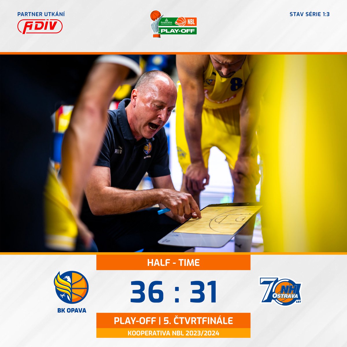 V poločase pátého zápasu čtvrtfinale play-off vedeme na domácí palubovce proti @nhostrava 36:31👏

#hejaopava #bkopava #czbasketball