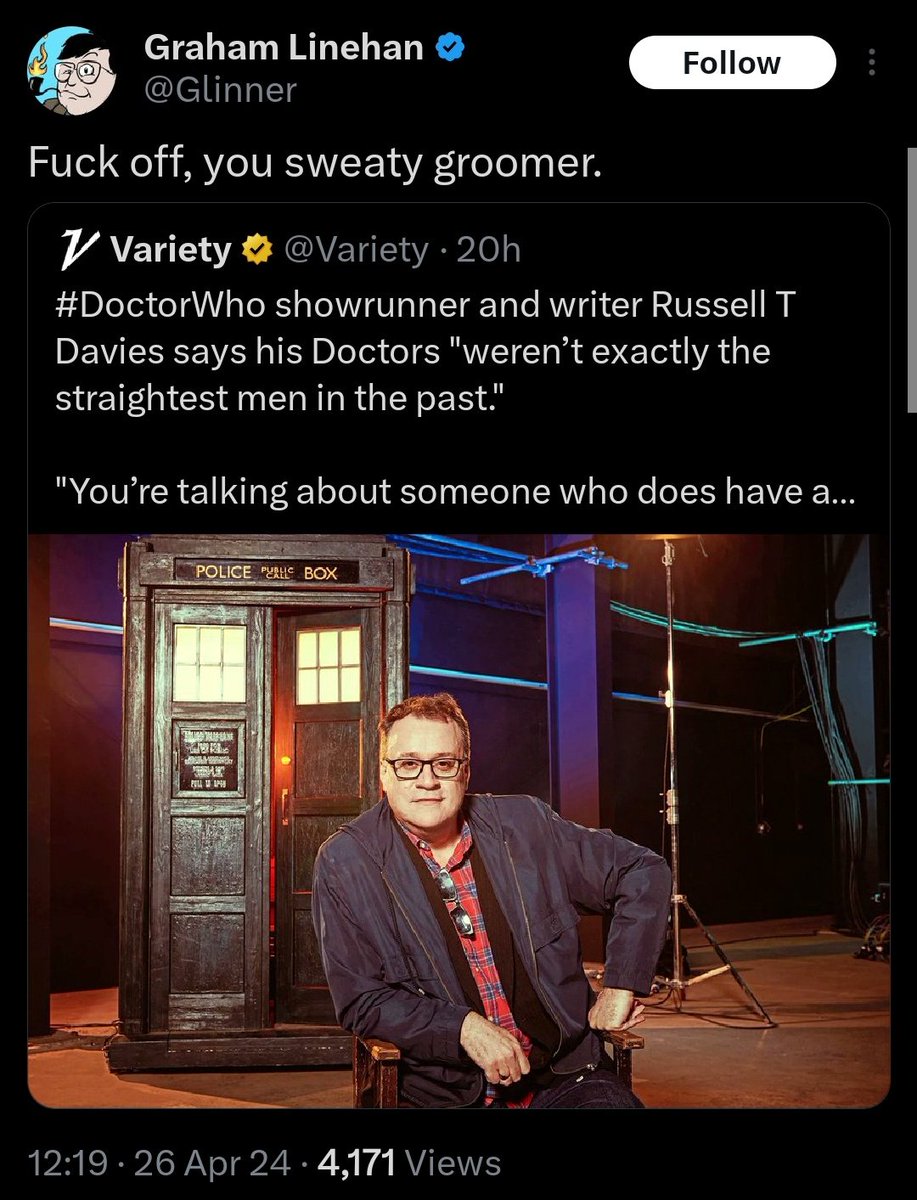 Disgraced former comedian and transphobe Graham 'Glinner' Linehan has publicly smeared Russell T Davies as a 'sweaty groomer'. Davies could do enormous good for the entire LGBTQ+ community by suing Linehan. Especially given the recent successful case against Laurence Fox.