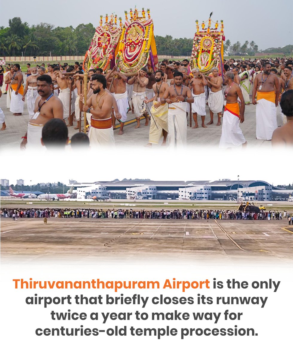 #Thiruvananthapuram Airport immerses itself in divine service during annual celebrations at #PadmanabhaswamyTemple. Once in March-April & again in Oct-Nov, @TRV_Airport_Off ceases flight operations for 5 hours to host the age-old #Arattu procession. #IncredibleIndia