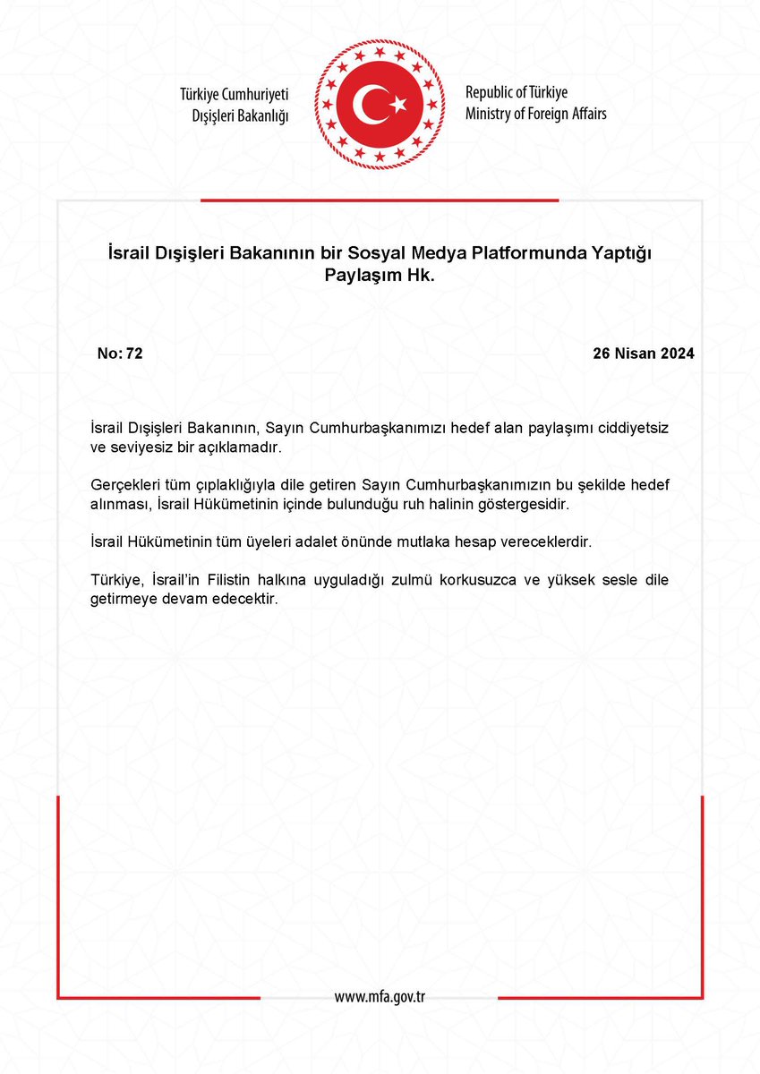 İsrail Dışişleri Bakanının bir Sosyal Medya Platformunda Yaptığı Paylaşım Hk. mfa.gov.tr/no_-72_-israil…