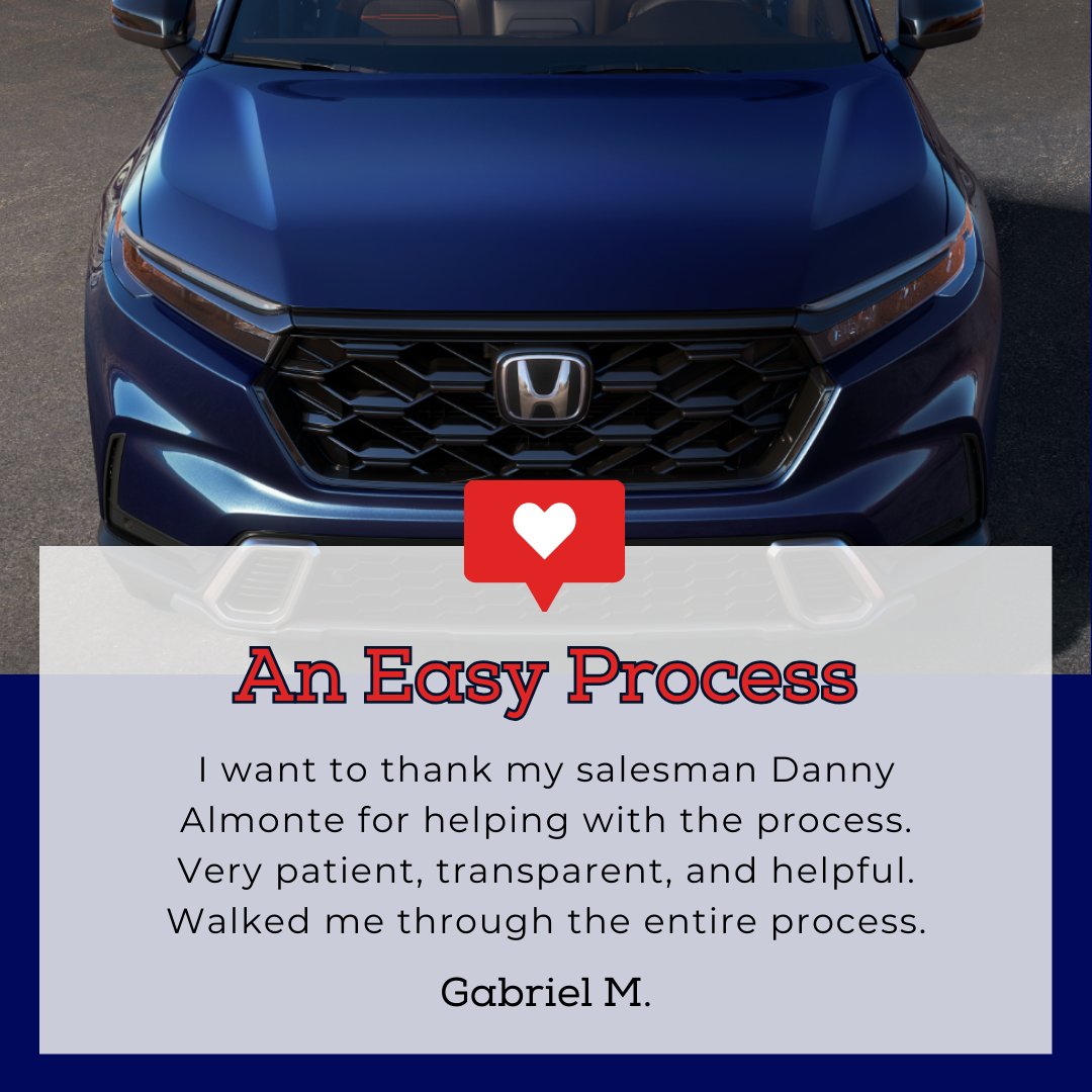 It's Five-Star Friday! We're always proud to hear from guests who enjoyed a seamless purchasing experience while working with the team. Come see us this weekend, and we'll do everything we can to help you drive away in your perfect vehicle match!

#Honda #HondaCRV #HondaLove