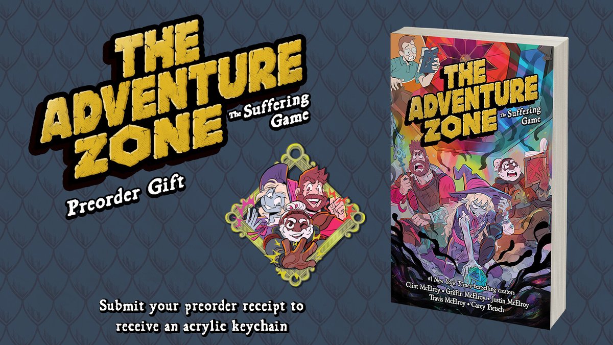 OMG! THE ADVENTURE ZONE: THE SUFFERING GAME by @McElroyFamily and @careydraws comes out this July and the preorder gift has just been revealed! Submit your receipt and we'll send you this awesome acrylic keychain. Learn more here: bit.ly/4aOA5U2