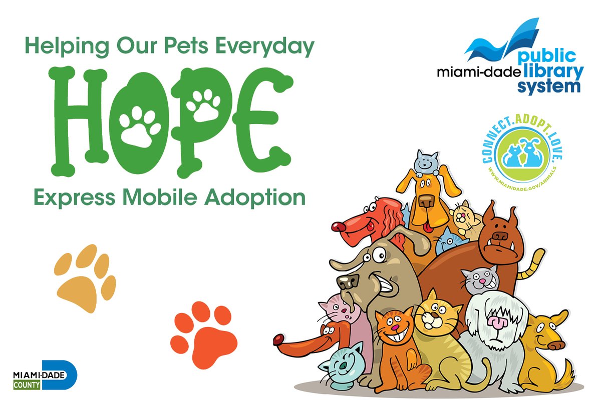 Connect, adopt and fall in love with a shelter pet! The @AdoptMiamiPets H.O.P.E. Express Mobile Adoption unit will be at the Coral Gables Branch Library this Saturday, April 27, 10 a.m. – 2 p.m. spr.ly/6018bLIKy