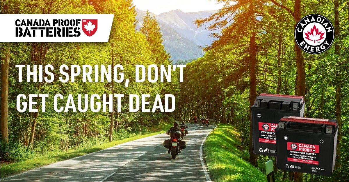 It's just about time to take that motorcycle out of storage and hit the open road. Our CANADA PROOF batteries come in all sizes and configurations to suit your vehicle. We also carry battery chargers and maintainers, so you’ll never be caught dead. bit.ly/3vBJZcy