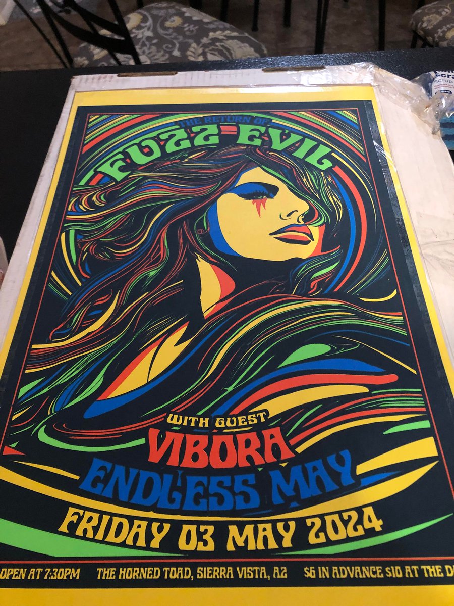 Hey there! We've got an amazing surprise for you at the 3 May show - limited edition screen-printed posters! There are only 25 available, each one numbered. Be sure to arrive early if you want to snag one. Don't miss out!  #showposter #fuzzevil #screenprintedposters #sierravista