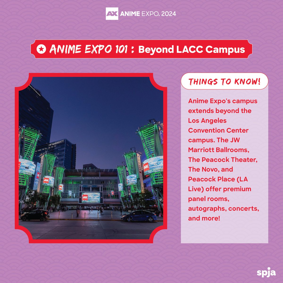 ⛩️ Explore beyond the LA Convention Center at #AX2024! 🌤️ Dive into premium panels, autographs, and live concerts at the JW Marriott Ballrooms, The Peacock Theater, The Novo, and Peacock Place (LA Live). Experience the full spectrum of Anime Expo in these vibrant venues! 🌃