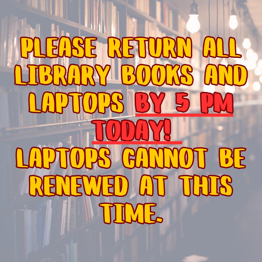 All library materials are due back TODAY! Please return your library books and laptops before we close at 5PM. Laptops CANNOT be renewed at this time. Please return any textbooks to the CAMPUS STORE! #vannlibrary #duedate #librarybooks #laptops @USFFW