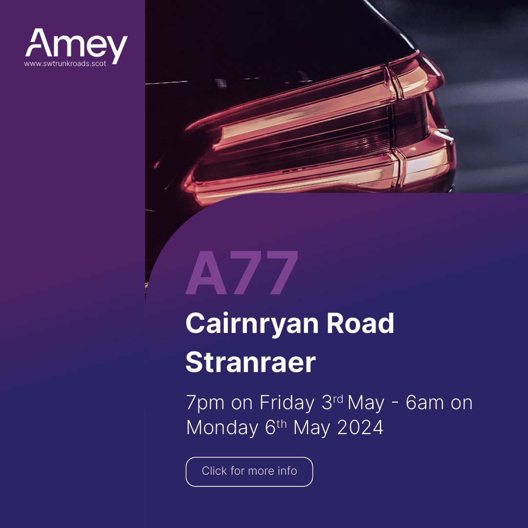 ⚠️FULL WEEKEND CLOSURE⚠️ ❗ Essential resurfacing on the #A77 on Cairnryan Road in Stranraer, between Stair Drive and south of Sandmill, from 2/5/24 until 6/5/24. 👉bit.ly/49PMvKm @trafficscotland @dgcouncil #PlanAhead