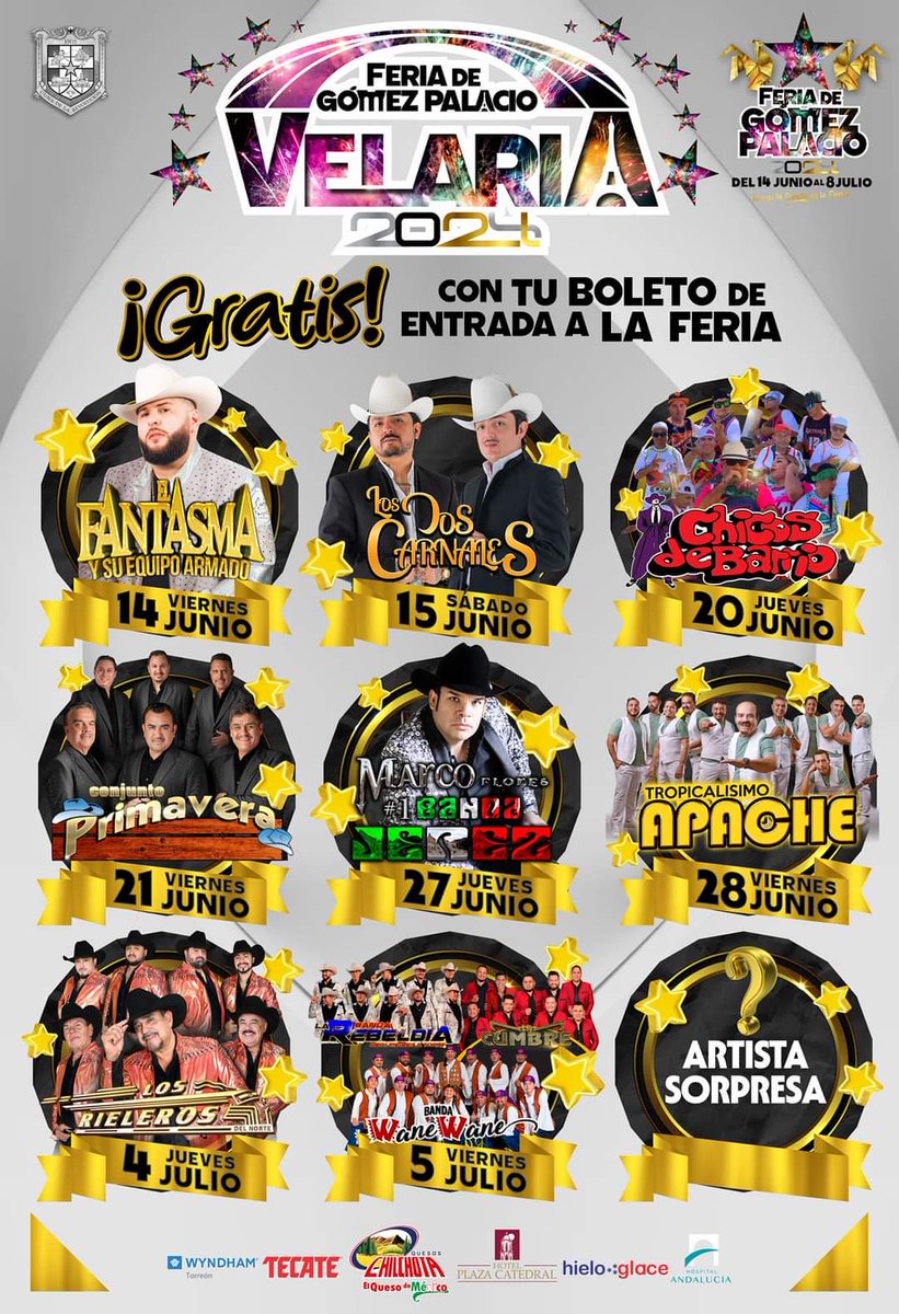 ¡GRATIS CON TU BOLETO DE ENTRADA!😍 El Fantasma, Los Dos Carnales, Chicos de Barrio, Conjunto Primavera, Banda Jerez, Tropicalisimo Apache, Los Rieleros del Norte y mas, en la Velaria de la Feria de Gómez Palacio 2024‼️🎡🪗🤠✨️ dondehayferia.com/feria-de-gomez…