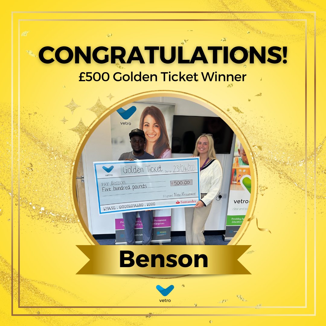 🎉 🎉 A massive congratulations to Benson for winning this quarter's £500 Golden Ticket! 🎉 🎉

If you would like to be in with a chance of winning our next £500 giveaway, take a look at our live vacancies below! 👇

vetrorecruitment.co.uk/jobs

#GoldenTicket #prizedraw #giveaway