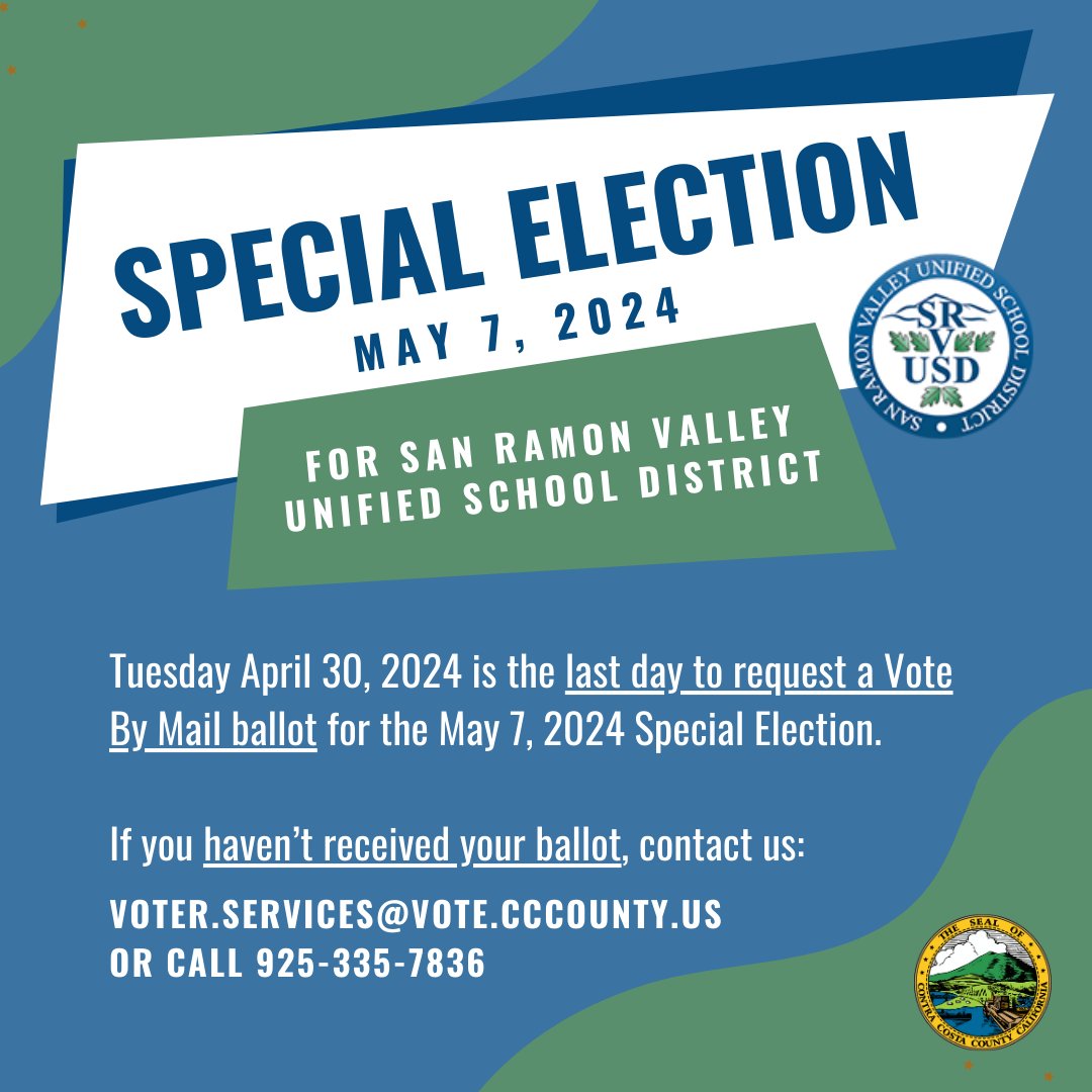 If you are in the San Ramon Valley Unified School District and you did not receive a Ballot, Tuesday 4/30 is the last day to request a Vote By Mail Ballot for the May 7, 2024 Special Election. For more information visit ContraCostaVote.gov #CoCoVote #Elections #VoteReady