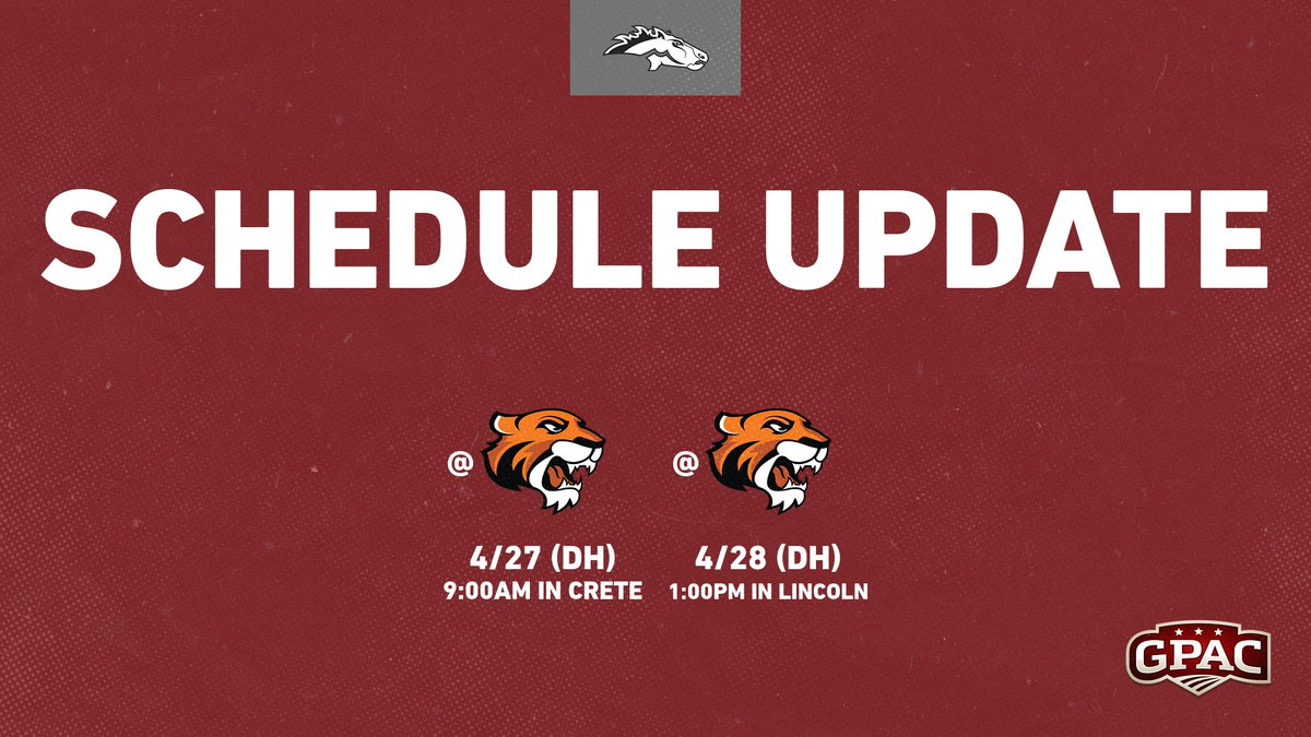 🚨 Schedule Update 🚨

This weekend's GPAC series with Doane has been moved around.

Saturday 4/27 DH will be played in Crete with a 9am 1st pitch.

Sunday 4/28 DH will be played in Lincoln at Den Hartog Field at 1:00pm.