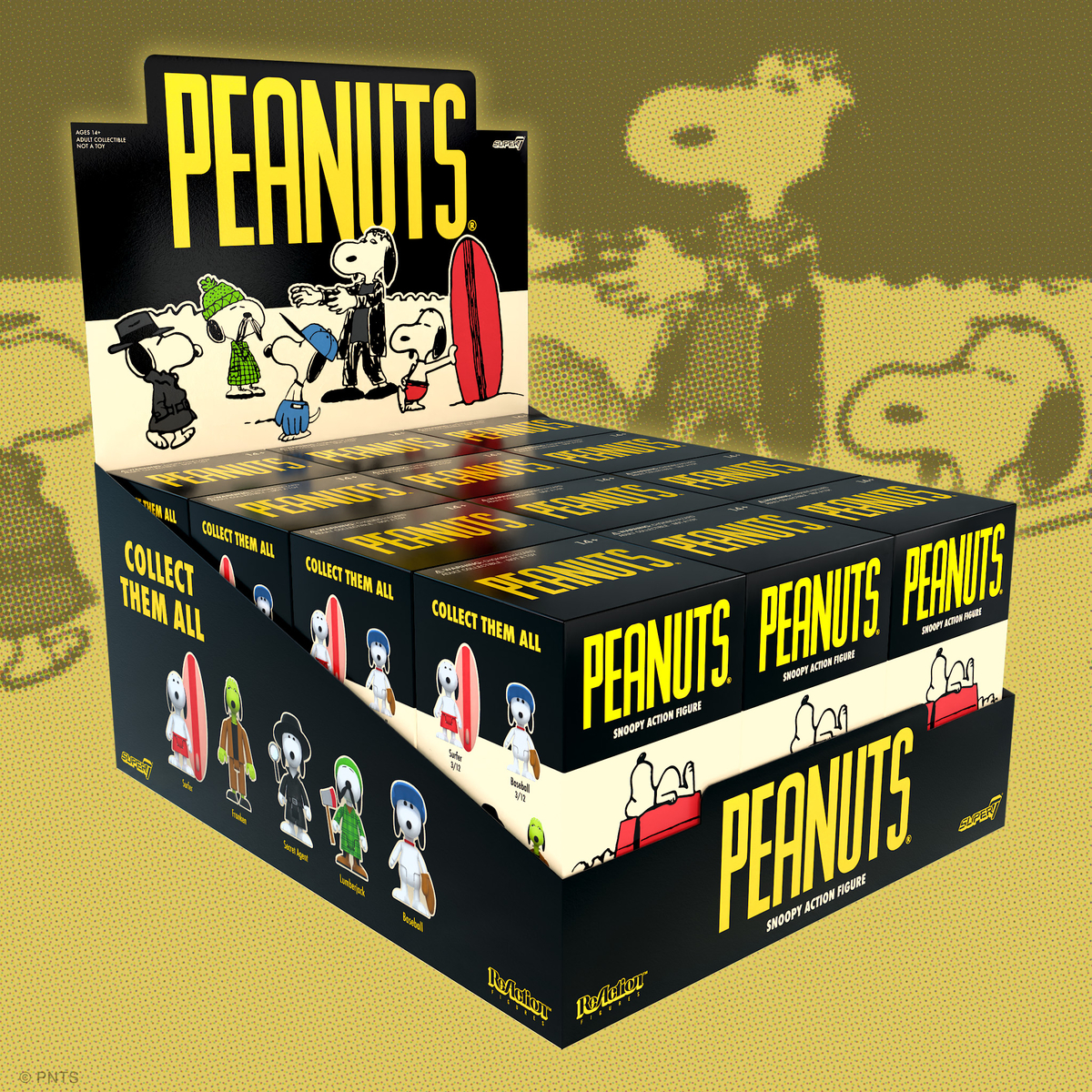 These Peanuts Blind Box ReAction Figures feature one of five memorable Snoopy designs- Baseball, Lumberjack, Secret Agent, Surfer, and Franken Snoopy- secreted in blind-box packaging ready for you to discover which variant hides inside! Shop now on Super7.com!