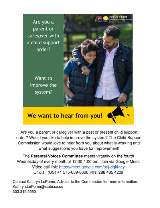 The Child Support Commission would love to hear from you about what is working and what suggestions you have for improvement! The Parental Voices Committee meets virtually on the fourth Wednesday of every month from noon-1 pm. Join at ow.ly/ptpt50Rnje9.