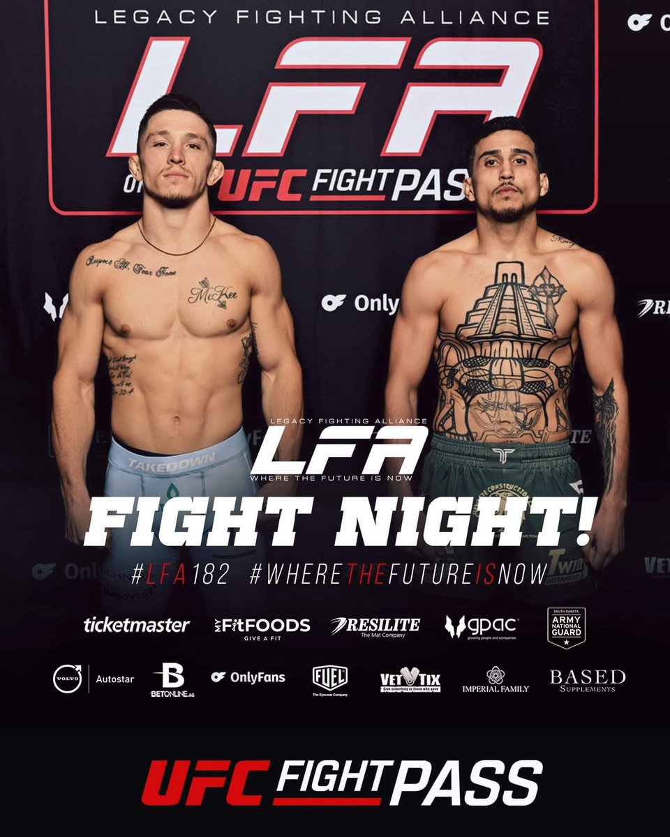 TONIGHT'S THE NIGHT!

LFA celebrates decade-long history in #SouthDakota with stacked fight card at #LFA182! 💥

@MitchMcKeeMMA 🇺🇸
vs.
#JoseHernandez 🇺🇸

TONIGHT!
@Sanford_Complex
#SiouxFalls, #SouthDakota

🎫: bit.ly/LFA182_TIX

#MMA
#LFANation
@UFCFightPass