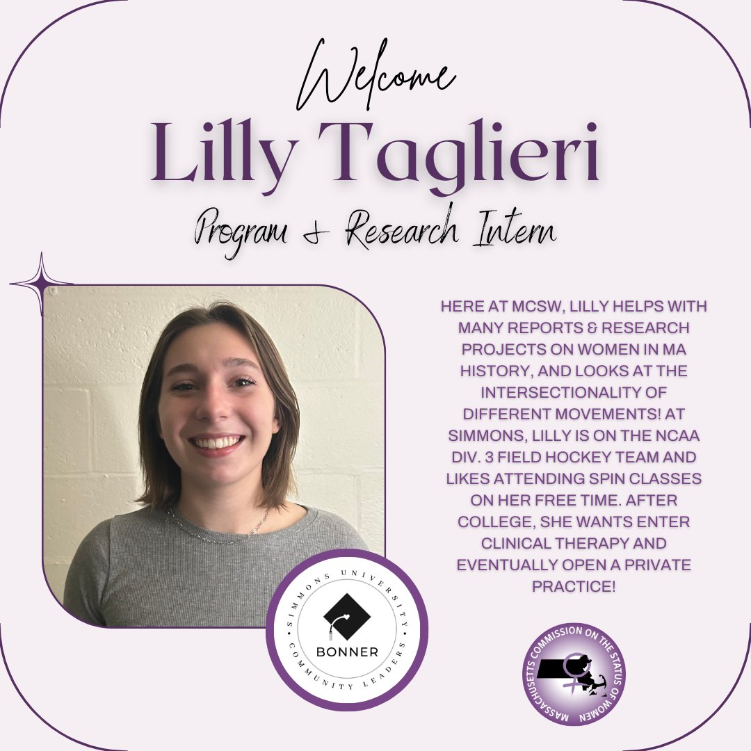 We’re delighted to welcome #MCSWIntern Lilly! She is a first year majoring in social work at @SimmonsUniv. We’re honored to be the FIRST State Agency to host interns for the Simmons University Bonner Student Program!