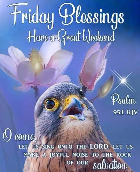 May you and your family have a blessed, wonderful weekend. Make a joyful noise unto the LORD, all ye lands. Serve the LORD with gladness: come before His presence with singing. Ps100:1-2