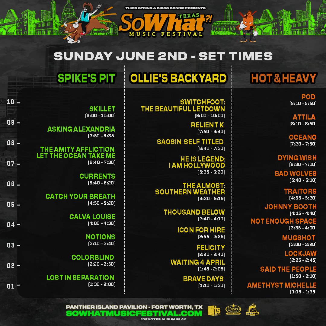 🤠 All set times, all in one place! What bands are on your MUST SEE? Tag us in your schedules! sowhatmusicfestival.com