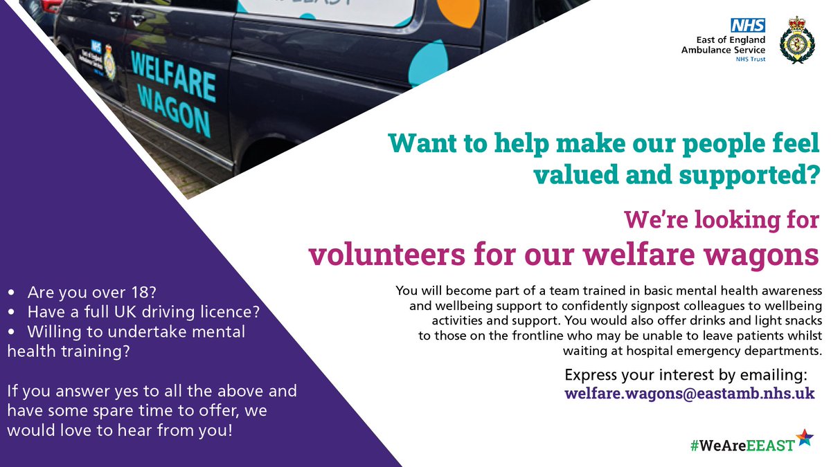 Could you be a volunteer on one of our welfare wagons? 👀 We’re looking for people with some spare time to give who can help us make our people feel valued and supported 💚 Interested? Get in touch: welfare.wagons@eastamb.nhs.uk