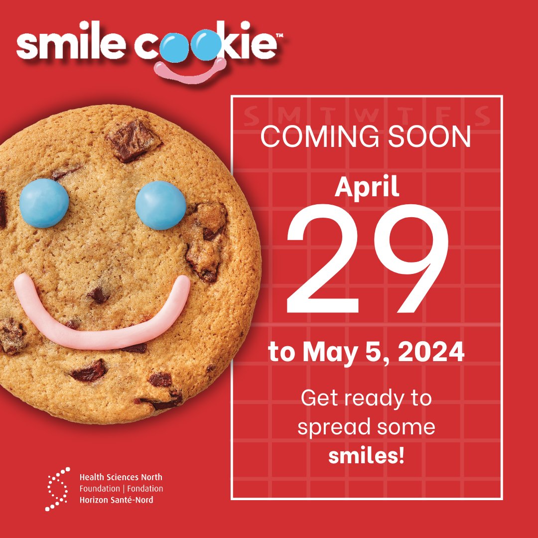 The countdown is on! ⏳ There are only a few days left until @TimHortons Smile Cookie Week! Mark your calendars for April 29 to May 5 and join us in supporting Health Sciences North Foundation. Let's make a difference, one smile at a time!