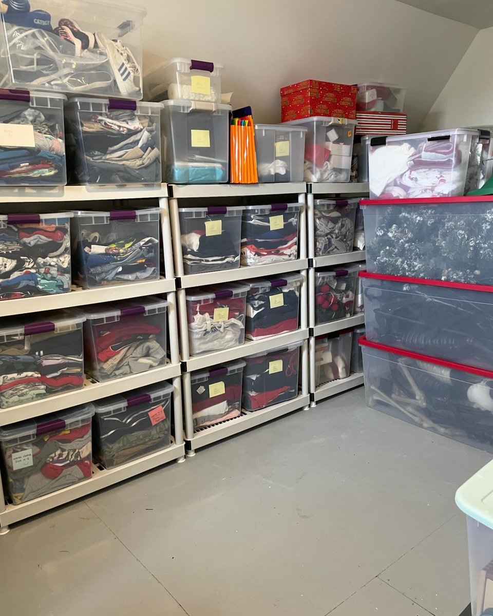 Before and after of a client’s attic storage space! We used heavy duty plastic shelving and clear bins to control the chaos. Now she can walk in and easily find decorations, memories and holiday stuff. Love it! #declutter #getorganized #atticorganization #holidaydecor