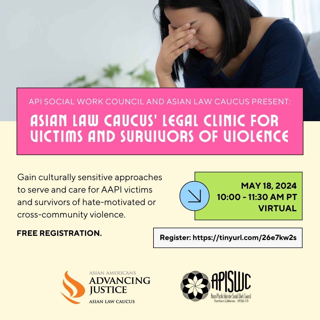 As social workers, we encounter clients from various walks of life, including those who have experienced hate-motivated violence. In collaboration with the @aaaj_alc, the API Social Work Council invites you to a free webinar on May 18. ⚖️ Register: tinyurl.com/26e7kw2s
