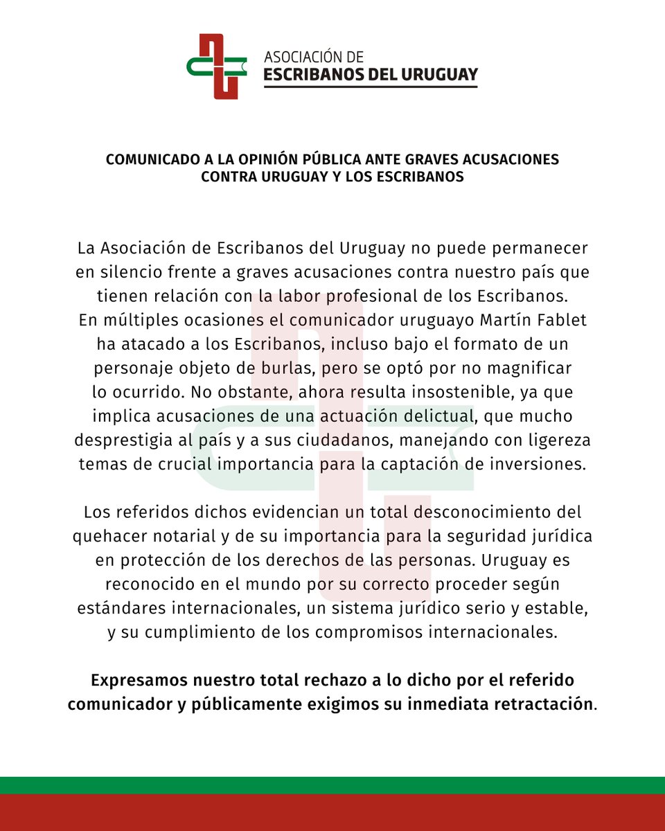 📢 Comunicado a la opinión pública ante graves acusaciones contra Uruguay y los Escribanos.
