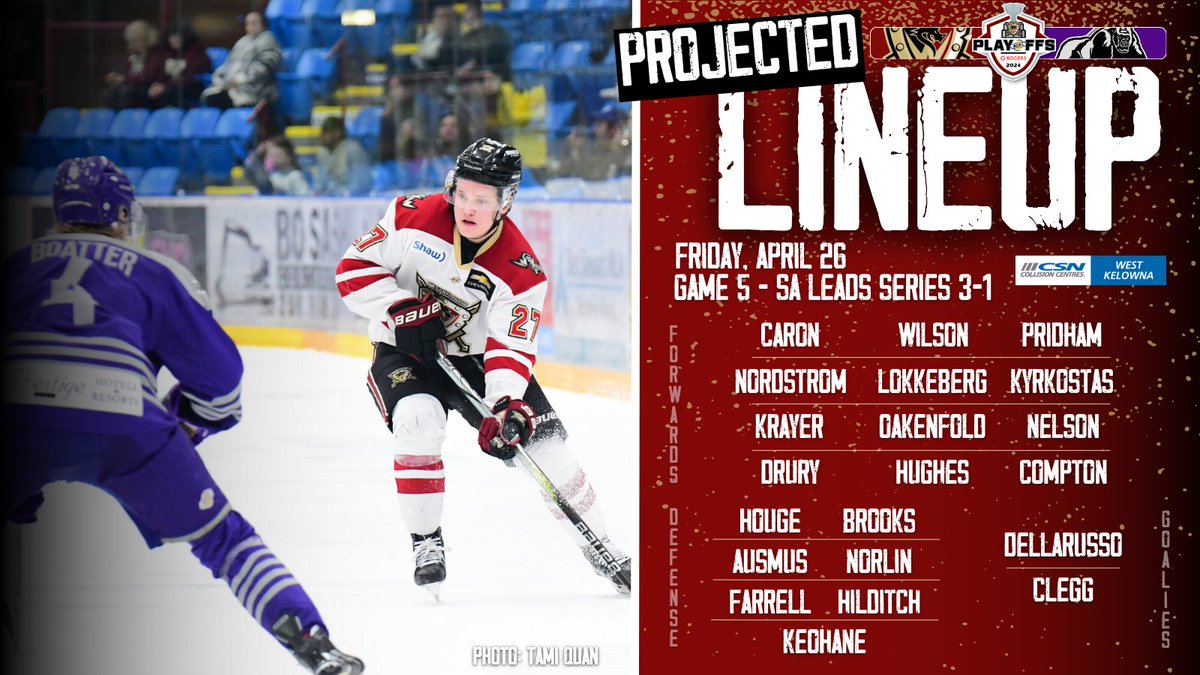 The Game 5️⃣ Lineup Puck drop is just one hour away on home ice! 🎟 | bit.ly/TIXSAGM5 #BCHLPlayoffs