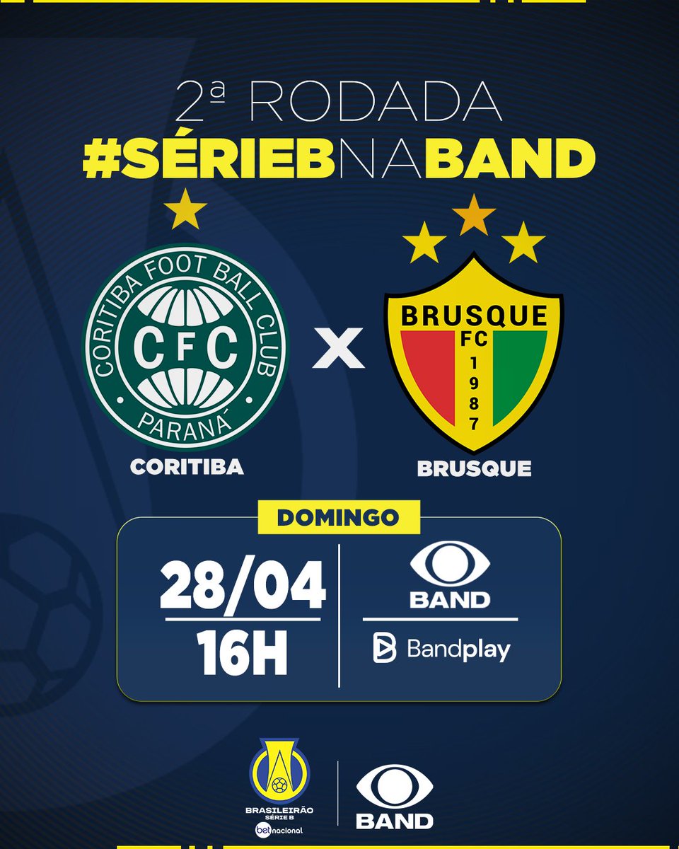 SÉRIE B É NA BAND! 🔥 As emoções do @BrasileiraoB estão de volta à @BandTV e ao @bandplay, que transmitem três jogaços neste final de semana, pela segunda rodada! ⚽️ Anote na agenda e não perca! 📺 @Paysandu x @botafogofsa | 27/04 - 17h00* @CRBoficial x @oficialamfc | 27/04 -…