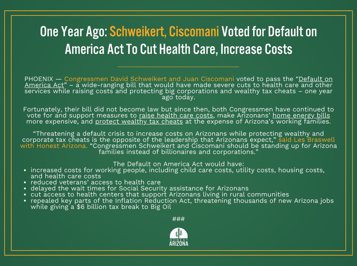 RELEASE: One Year Ago: Schweikert, Ciscomani Voted for Default on America Act To Cut Health Care, Increase Costs