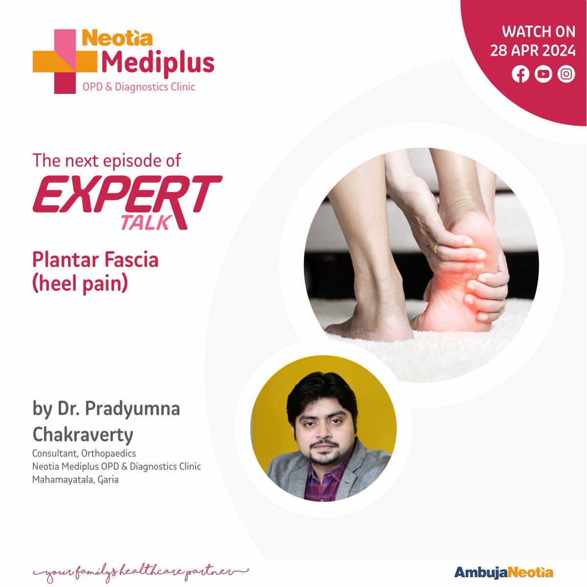 Step into a pain-free life with Dr. Pradyumna Chakraverty's expert talk on Plantar Fascia (heel pain) at Neotia Mediplus OPD & Diagnostics Clinic! Learn about symptoms, solutions and get personalized advice. Don't miss it! #PlantarFascia #HeelPain #ExpertTalk #Orthopaedics