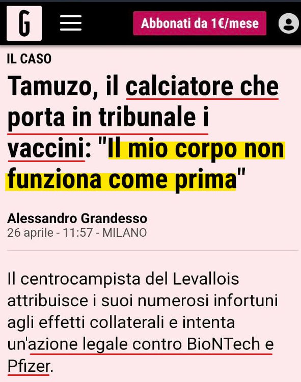 Il muro di omertà sui sieri all'ossido di grafene inizia a cedere: calciatore apre azione legale contro BioNTech e Pfizer  

Pensate a cosa succederebbe se uomini dello sport e dello spettacolo smettessero di stare in silenzio ed iniziassero a parlare.

Tutto l'enorme carrozzone