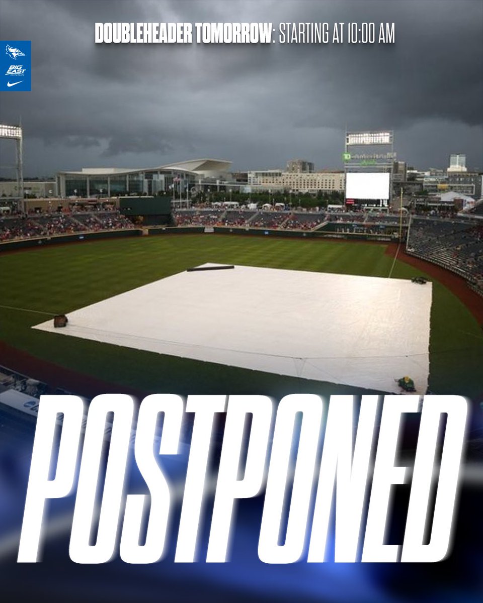 🚨 Tonight’s game against Georgetown has been postponed due to inclement weather. We will play a doubleheader starting at 10am tomorrow. 🚨 #GoJays