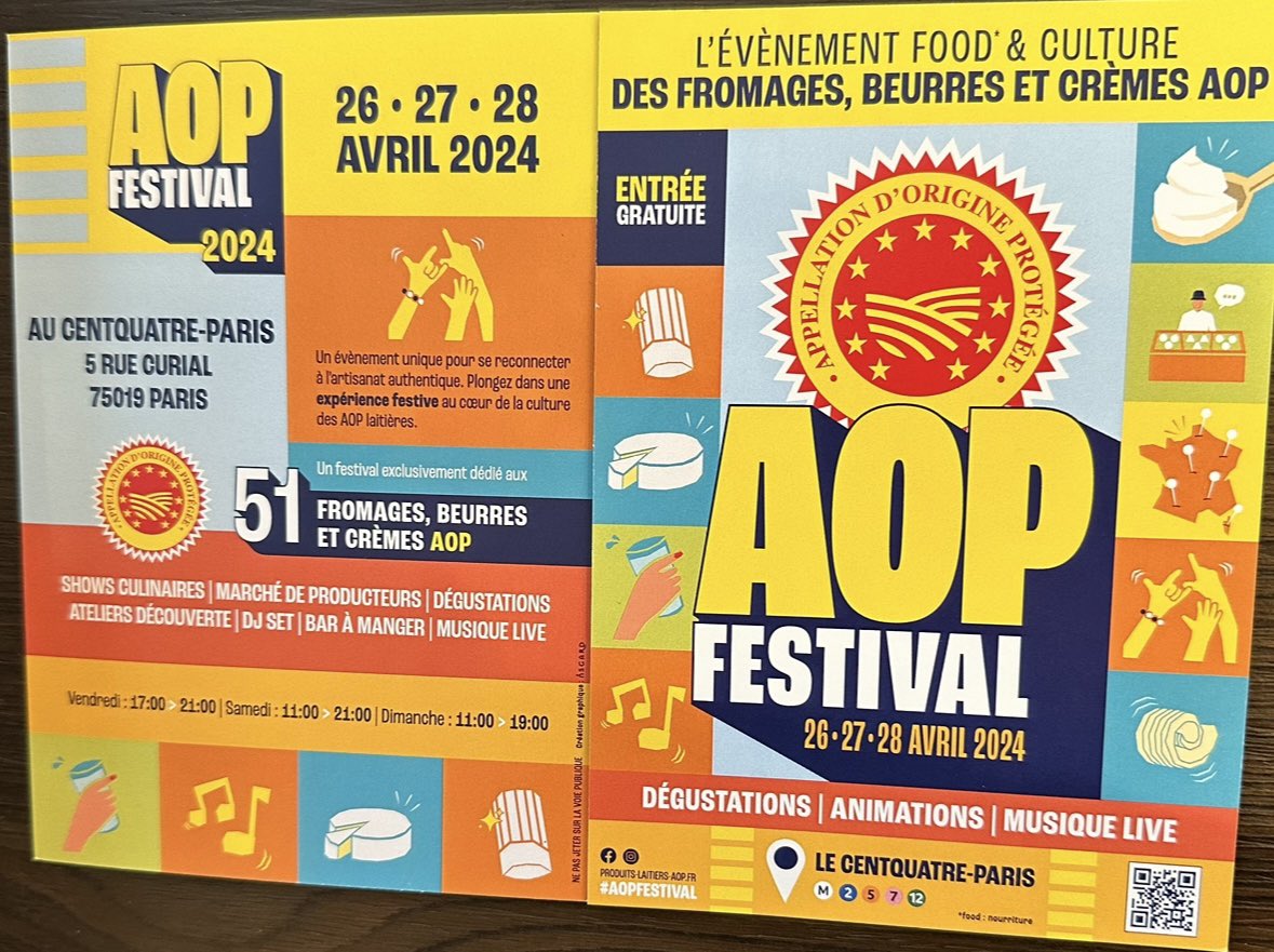 Aujourd’hui, demain et après demain , c’est le Festival de l’AOP 5 rue Curial dans le 19 eme arrondissement de Paris. Ateliers pour les petits et les grands , DJ , nombreuses animations et …DÉGUSTATIONS ! La France AOP laitière à déguster 🇫🇷🇫🇷🇫🇷