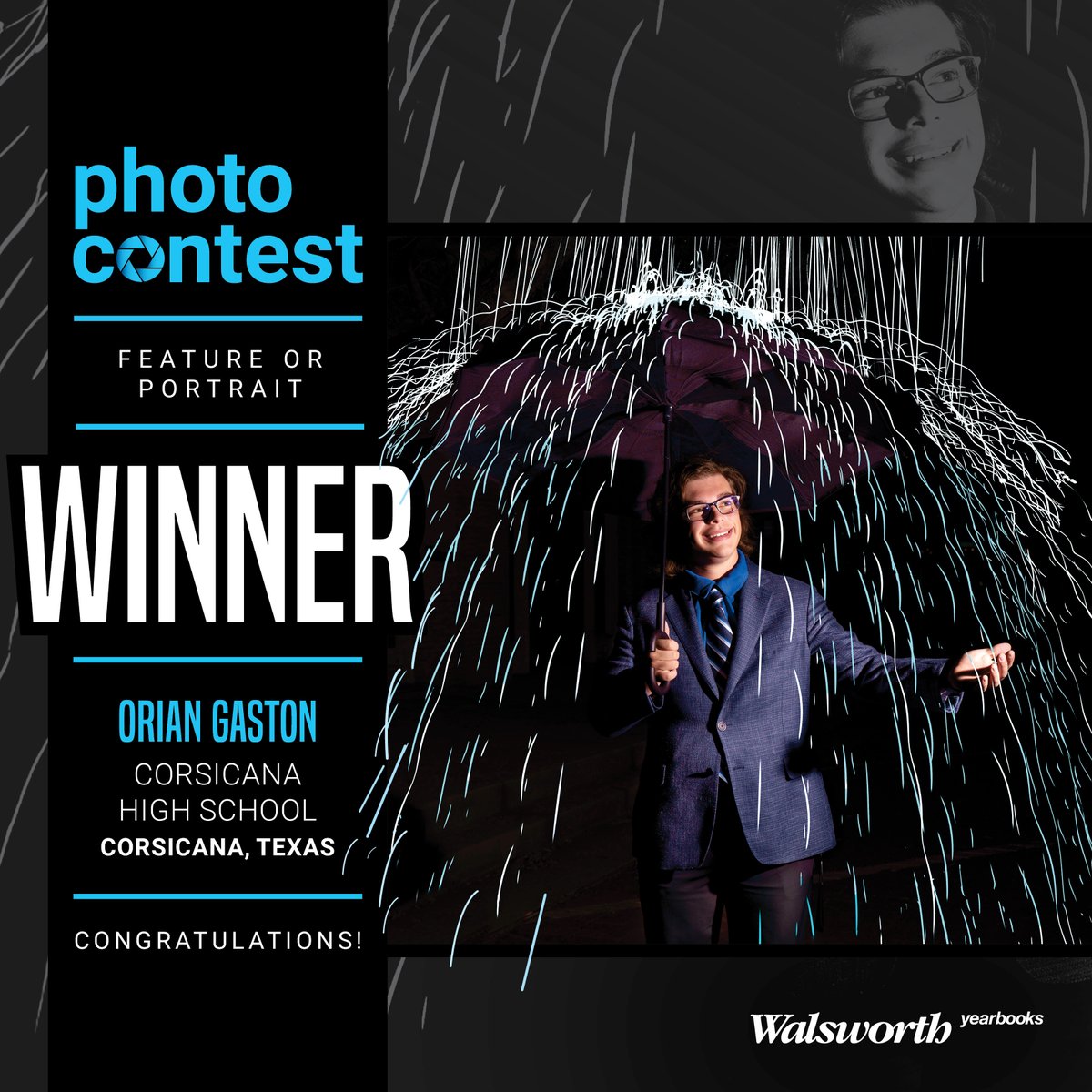 Congratulations to Orian Gaston from Corsicana High School in Corsicana, Texas, on winning first place in the Feature or Portrait category! To see all of our winners and honorable mentions, check out our gallery via the link tinyurl.com/29n9vneu. #Walsworth #Yearbooks
