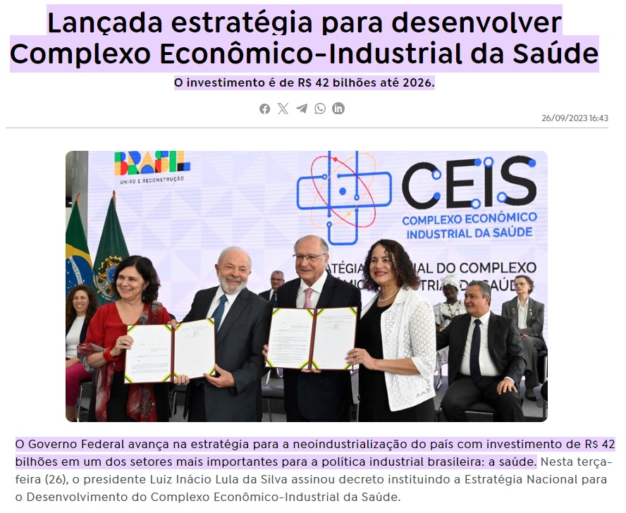 A inauguração da fábrica de insulina da Biomm é parte integrante da Estratégia Nacional para o Desenvolvimento do Complexo Econômico-Industrial da Saúde (CEIS), lançada pelo governo Lula em setembro de 2023.

6/14