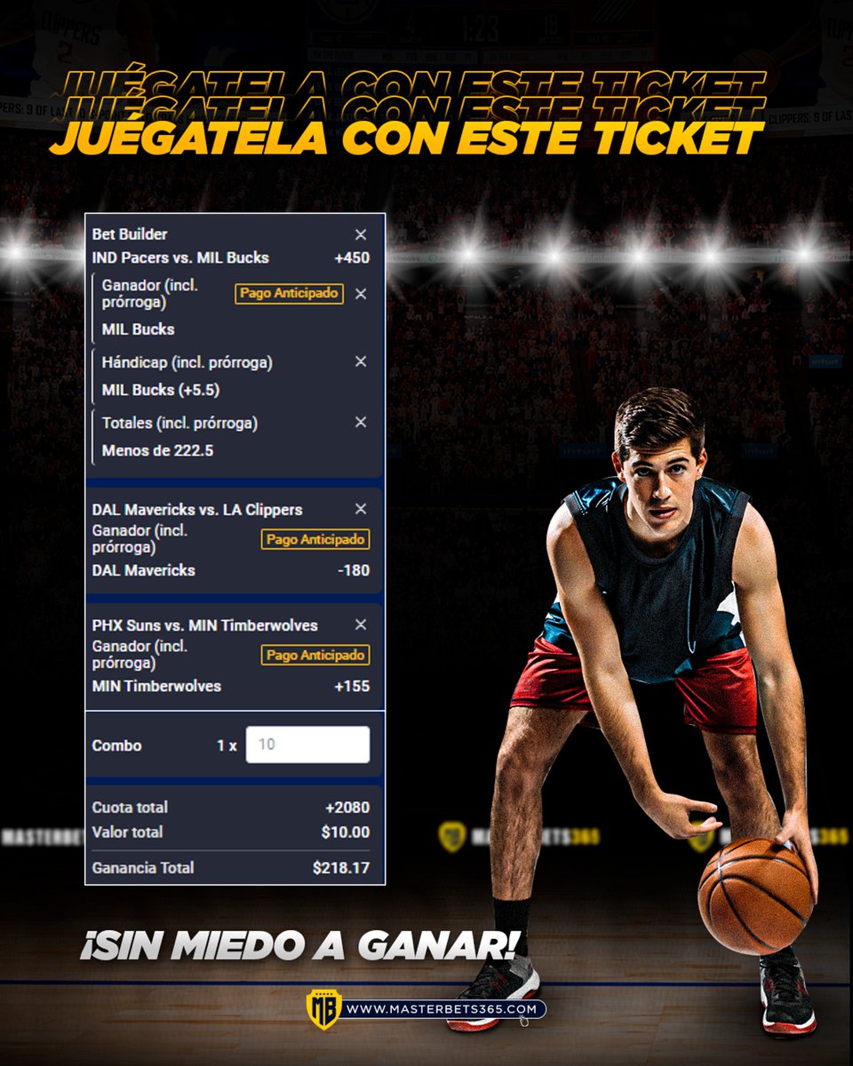 🏆Resuelve el fin de semana con el #MasterTicket365🔥 🏀 Bucks - Gana, RL, Alta ⬆️ 🏀 Mavericks - Gana 🏀 Timberwolves - Gana 💰Apuesta $10 y gana $218.17 MasterBets365 te ofrece el PAGO ANTICIPADO en la #NBA🔥 Regístrate: bit.ly/FIJOSGRATIS📲